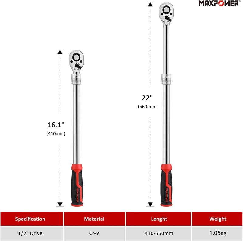 Max Power 1/2-Inch Drive Extendable Ratchet Wrench, 1/2 Inch Drive Ratchet Socket Wrench, Quick Release 72-Tooth Reversible Ratcheting Feature(16.1" - 22" Length) - Image 2
